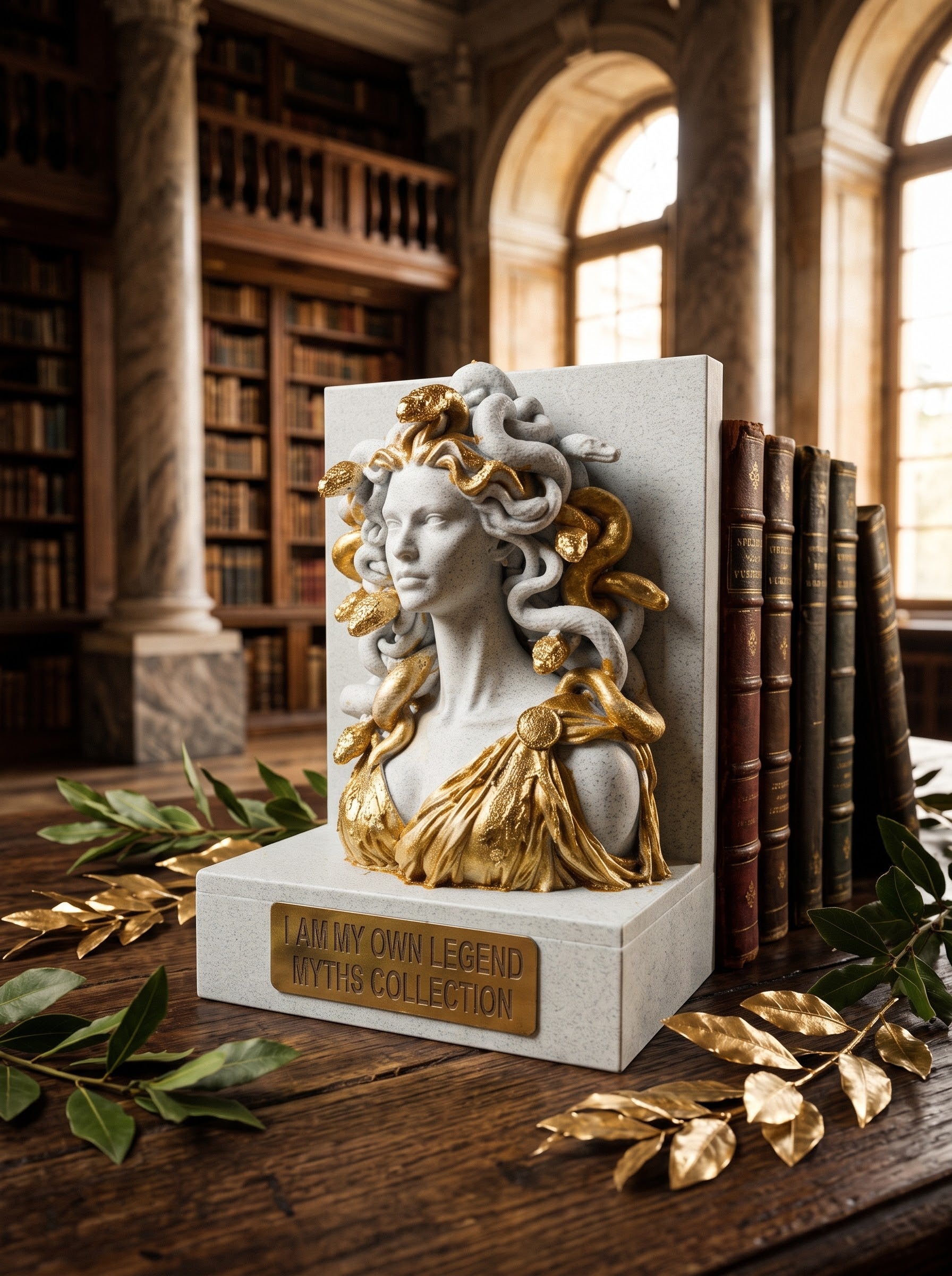 Serre-Livres I AM MY OWN LEGEND - Finition Effet Marbre & Dorure Artisanale (Collection Philosophes & Mythes)