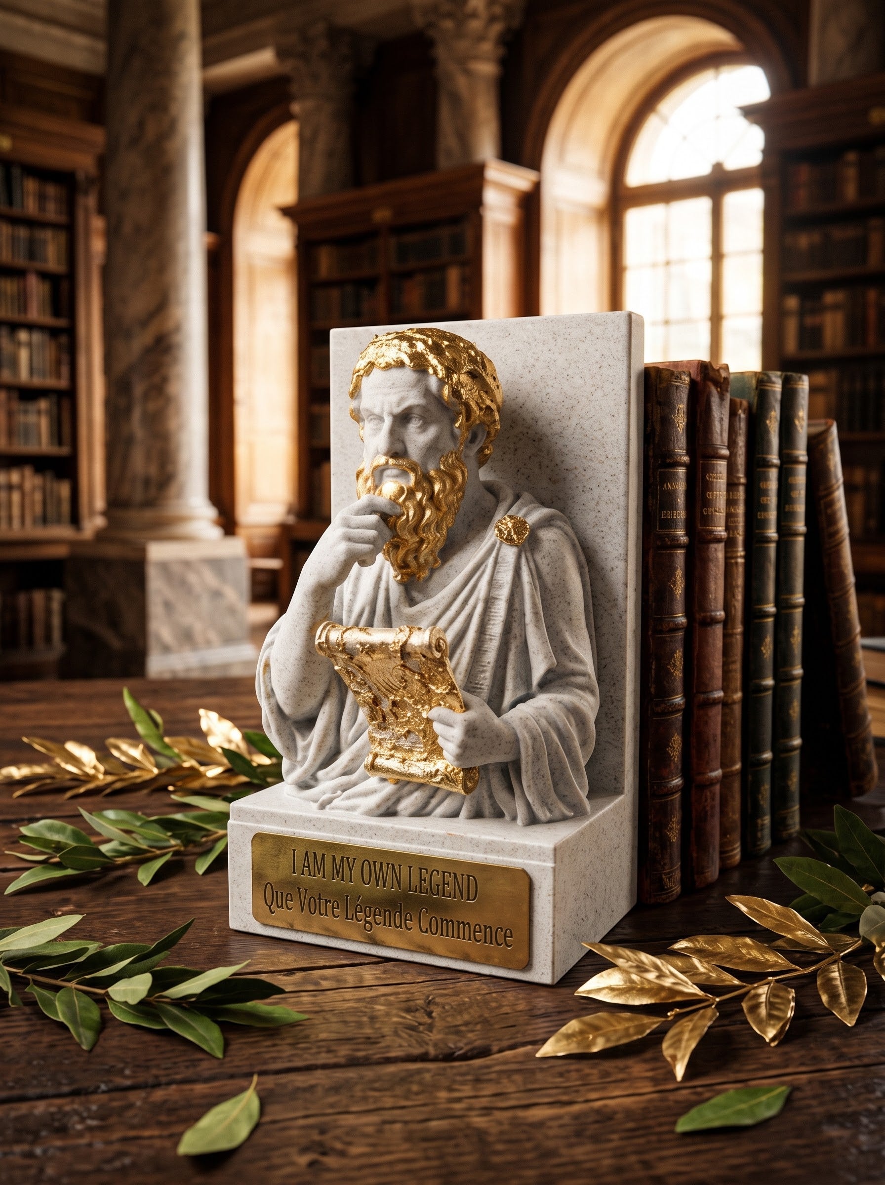 Serre-Livres I AM MY OWN LEGEND - Finition Effet Marbre & Dorure Artisanale (Collection Philosophes & Mythes)