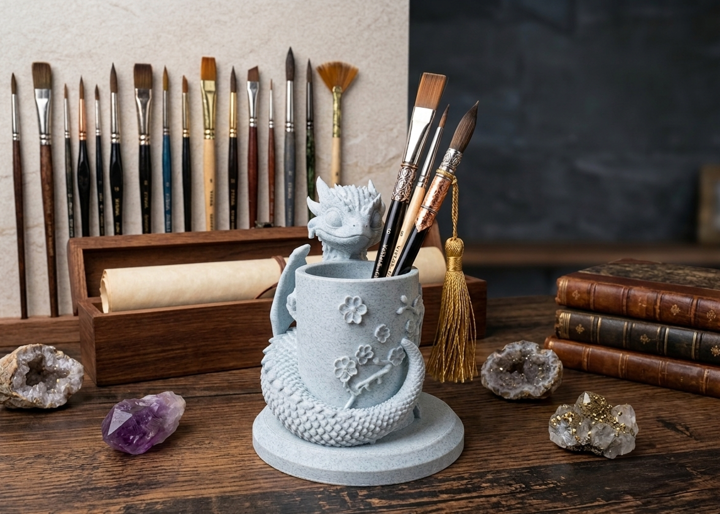 Pot à Crayons Dragon & Fleurs de Cerisier – Kit Figurine à Peindre Soi-Même (Paint Yourself)
